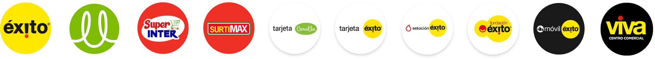 Marcas aliadas de Puntos Colombia: Éxito, Carulla, Super Inter, Surtimax, Tarjeta Carulla, Tarjeta Éxito, Estaciones Éxito, Fundación Éxito, Móvil Éxito y Viva.