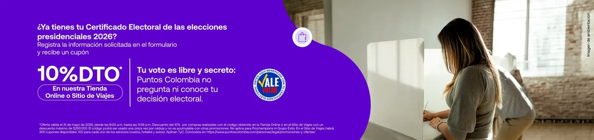 Banner de beneficio por registrar el Certificado Electoral 2026 en Puntos Colombia
