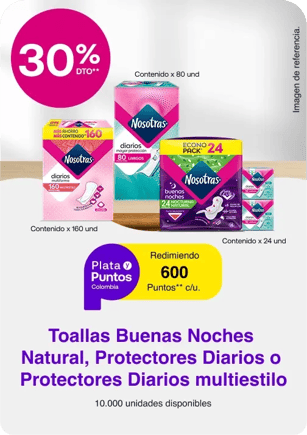 Redimiendo 600 Puntos Colombia en Toallas Buenas Noches Natural, Protectoes Diarios o Protectores Diarios multiestilo (160 und)